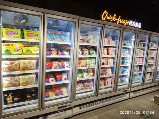 Supermercado y tienda de conveniencia Parte inferior del compresor Puerta de vidrio vertical Congelador de exhibición refrigerado